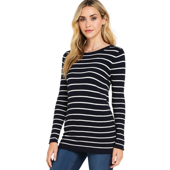 H&M Striped Crewneck Knit Sweater Navy Blue White Small S - Picture 1 of 12